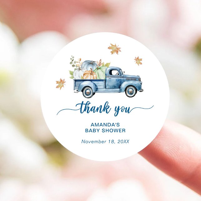 Sticker Rond Merci de Baby shower Citrouille de camion bleu (Créateur téléchargé)