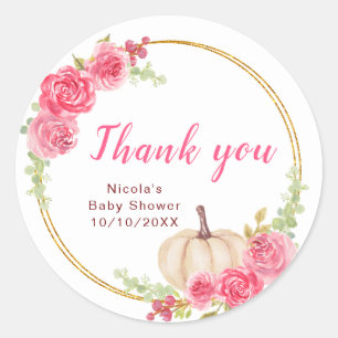Sticker Rond Merci de Baby shower Citrouille rose chaud