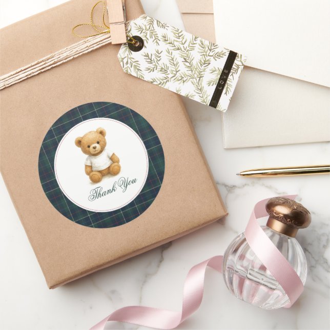 Sticker Rond Merci de Baby shower classique de l'ours de Preppy (Cadeaux)