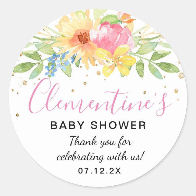 Sticker Rond Merci de Baby shower d'aquarelle rose jaune (Devant)