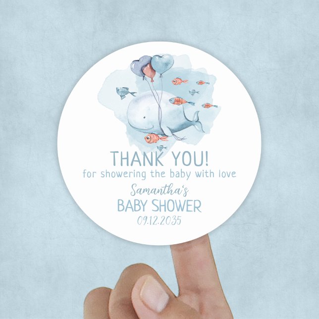 Sticker Rond Merci de Baby shower de baleines sur mesure (Custom Whale Boy Baby Shower Thank You Classic Round Sticker
)
