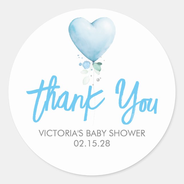 Sticker Rond Merci de Baby shower de ballon bleu coeur (Devant)