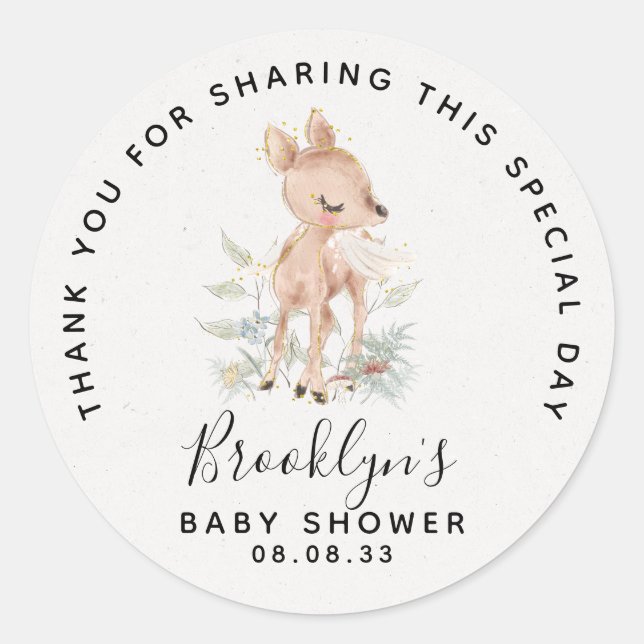 Sticker Rond Merci de Baby shower de cerfs de bois (Devant)
