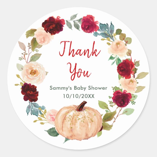 Sticker Rond Merci de Baby shower de Citrouille de Pêche Floral (Devant)