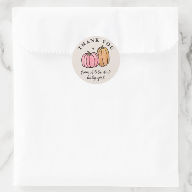Sticker Rond Merci de Baby shower de Citrouille rose (Sac)