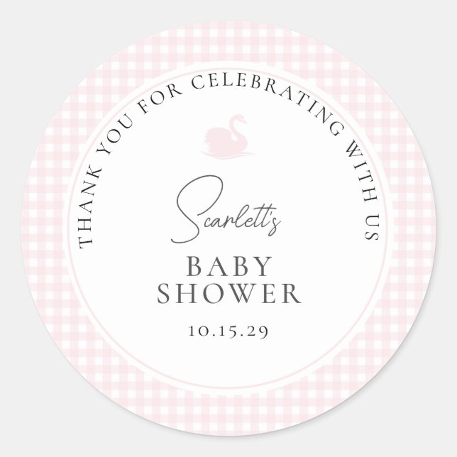 Sticker Rond Merci de Baby shower de cygne rose En vichy modern (Devant)