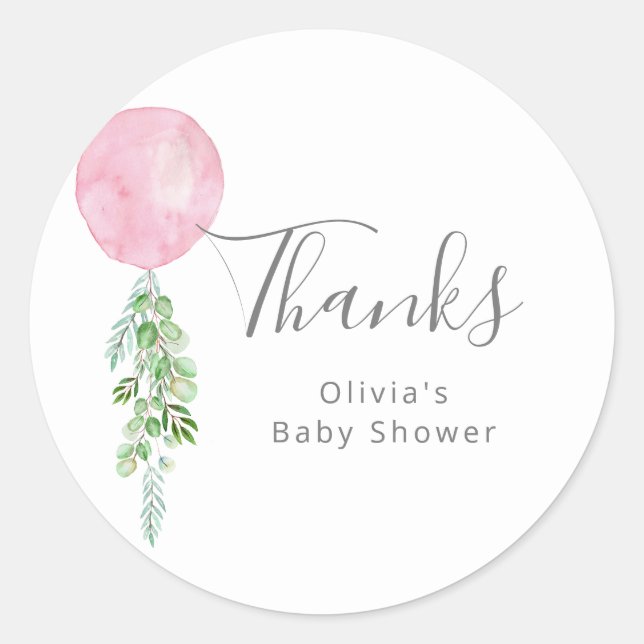 Sticker Rond Merci de Baby shower de fille en ballons roses (Devant)