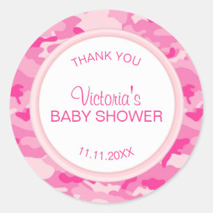 Sticker Rond Merci de Baby shower de fille en camo rose personn