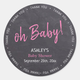 Sticker Rond Merci de Baby shower de fille rose Chalkboard