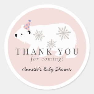 Sticker Rond Merci de Baby shower de fille rose ours polaire