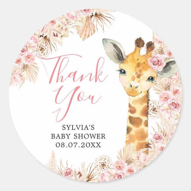 Sticker Rond Merci de Baby shower de girafe Boho rose (Devant)