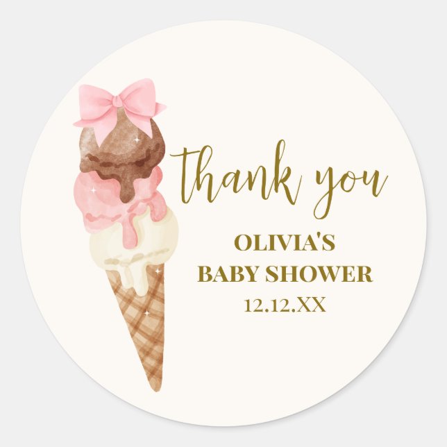 Sticker Rond Merci de Baby shower de glace Scoop Bow (Devant)