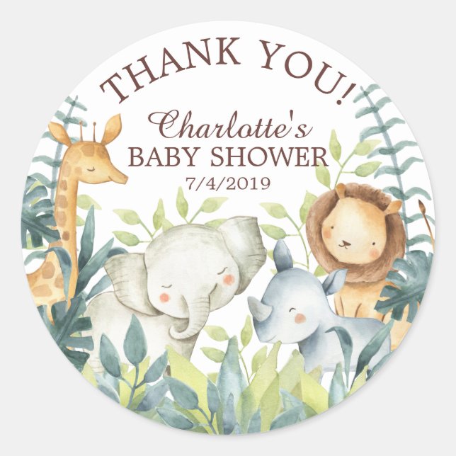 Sticker Rond Merci de Baby shower de Jungle doux Favoriser Stic (Devant)