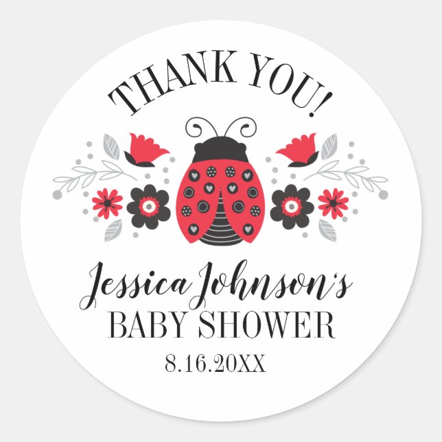 Sticker Rond Merci de Baby shower de la petite dame Ladybug (Devant)