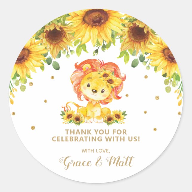 Sticker Rond Merci de Baby shower de Lion tournesol Parties sci (Devant)