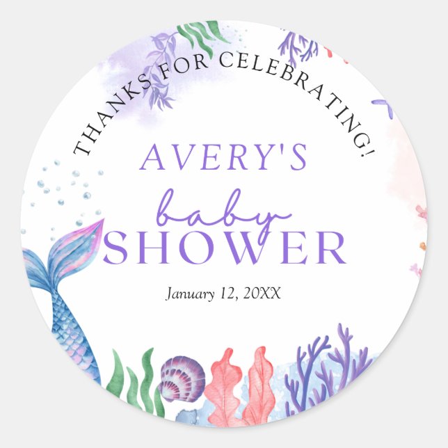 Sticker Rond Merci de Baby shower de sirène aquarelle (Devant)