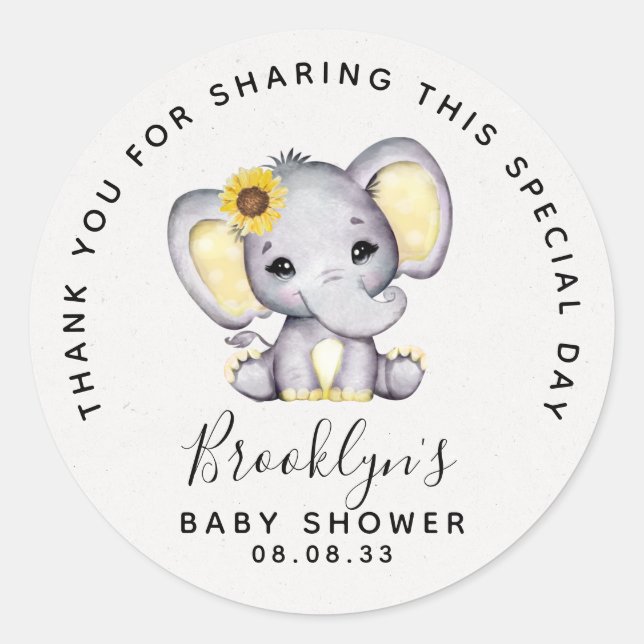 Sticker Rond Merci de Baby shower des éléphants de tournesol (Devant)
