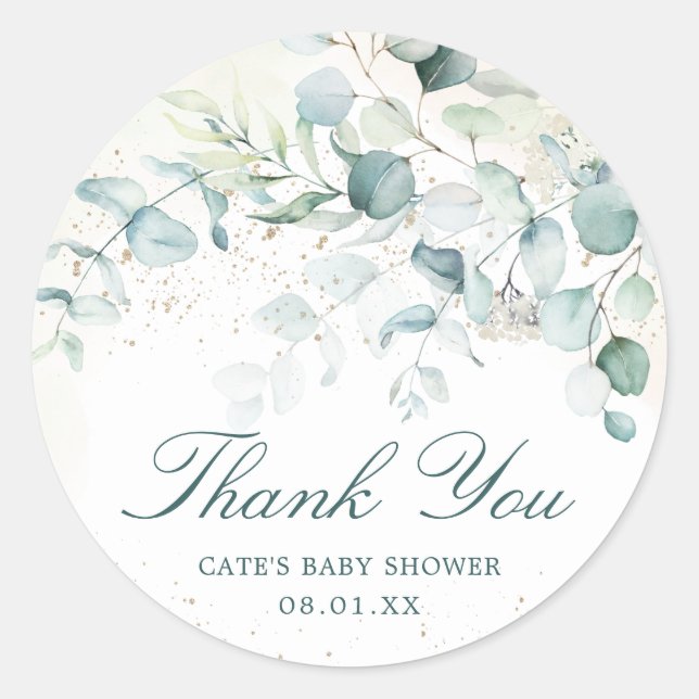 Sticker Rond Merci de Baby shower écologique des Eucalyptus (Devant)