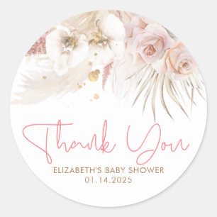 Sticker Rond Merci de Baby shower exotique rose et Brown