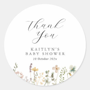 Sticker Rond Merci de Baby shower Fleur sauvage aquarelle