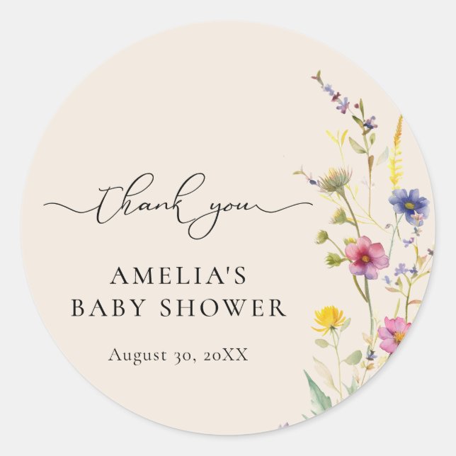 Sticker Rond Merci de Baby shower Fleur sauvage beige (Devant)