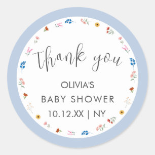 Sticker Rond Merci de Baby shower Fleur sauvage bleu simple