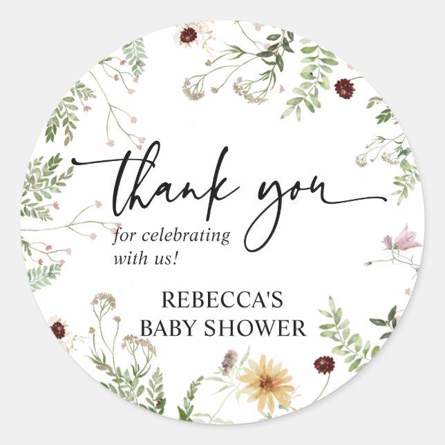 Sticker Rond Merci de Baby shower Fleur sauvage mou minimal (Devant)