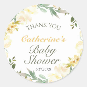 Sticker Rond Merci de Baby shower Floral de printemps jaune fra