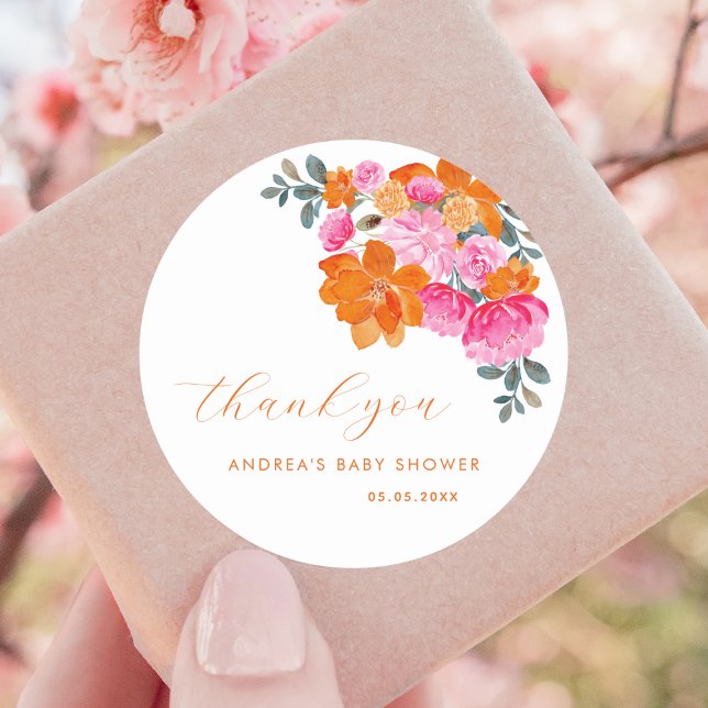 Sticker Rond Merci de Baby shower floral rose orange (Créateur téléchargé)
