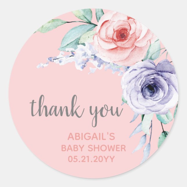 Sticker Rond Merci de Baby shower floral rose roux préféré (Devant)