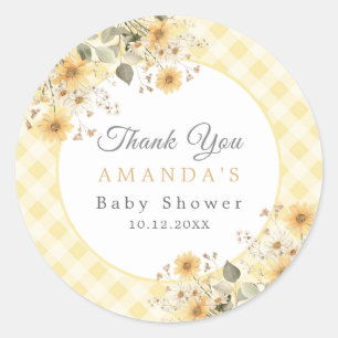 Sticker Rond Merci de Baby shower jaune