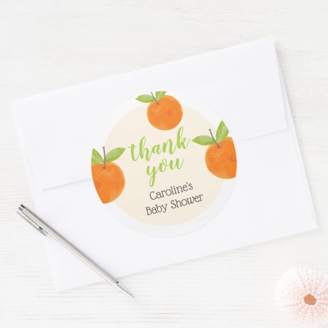 Sticker Rond Merci de Baby shower Little Cutie Oranges (Enveloppe)