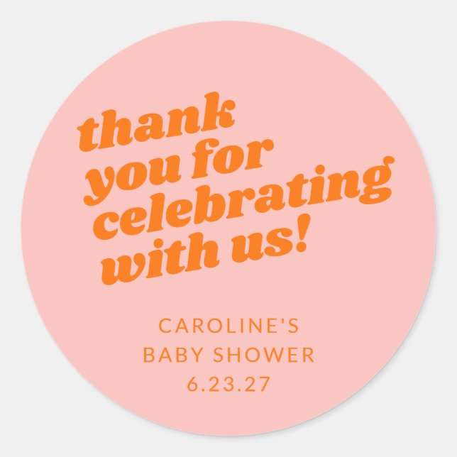 Sticker Rond Merci de Baby shower moderne rose orange rétro (Devant)