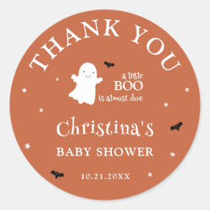 Sticker Rond Merci de Baby shower orange de Little Boo Ghost