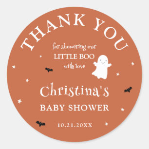 Sticker Rond Merci de Baby shower orange de Little Boo Ghost