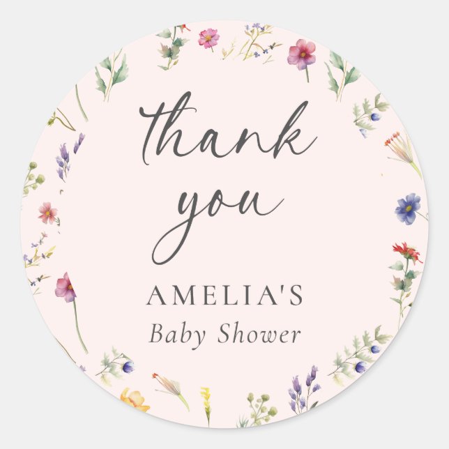 Sticker Rond Merci de Baby shower rose fleur sauvage (Devant)