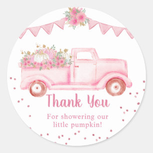 Sticker Rond Merci de Baby shower rose petit Citrouille