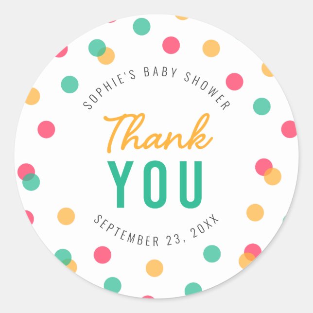 Sticker Rond Merci de Baby shower Turquoise orange Confetti (Devant)