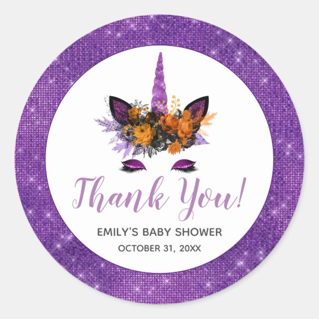 Sticker Rond Merci de Baby shower unicorne violet Halloween (Devant)