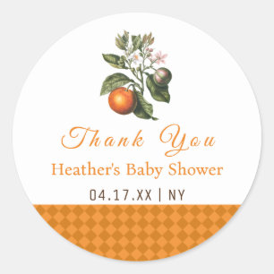 Sticker Rond Merci de Baby shower vintage Orange En vichy