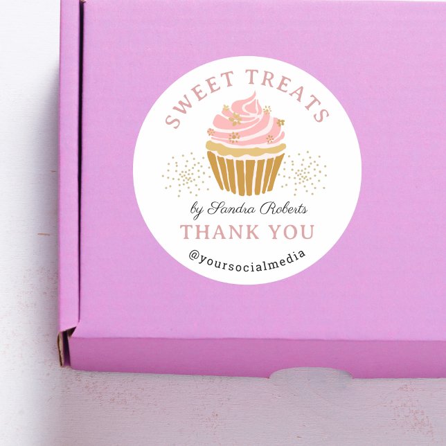 Sticker Rond Merci de boulangerie Cupcake rose (Pink Gold Cupcake Bakery Thank you round sticker)