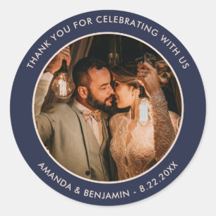 Sticker Rond Merci de Champagne bleu Marine Photo Mariage Faveu