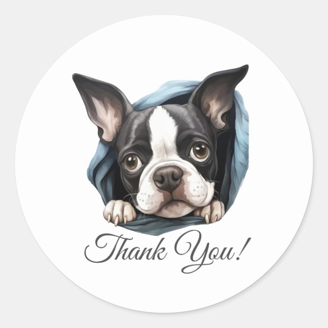 Sticker Rond Merci de chien de Boston Terrier (Devant)