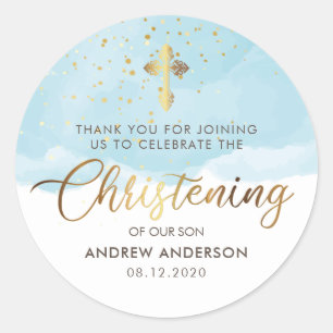 Sticker Rond Merci de Christening Garçon Gold and Blue Waterco