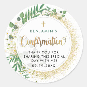 Sticker Rond Merci De Confirmation Botanique Gold Et Green