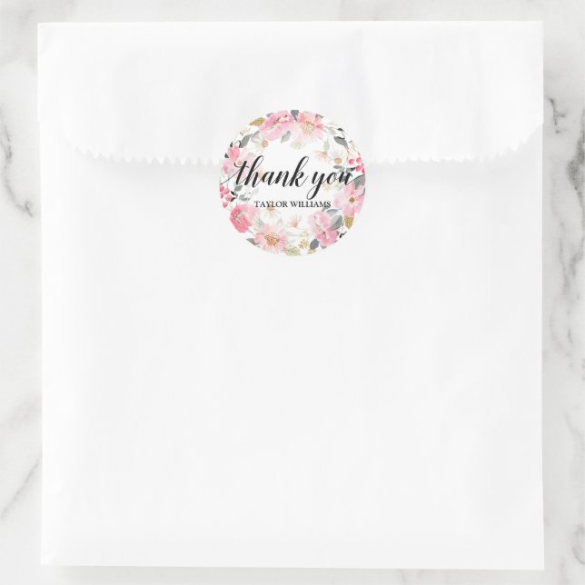 Sticker Rond Merci de  de couronne de fleurs rose (Sac)