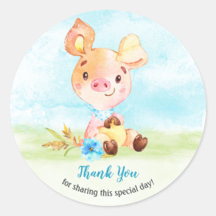 Sticker Rond Merci de ferme de Baby shower d'aquarelle Boy Pigg