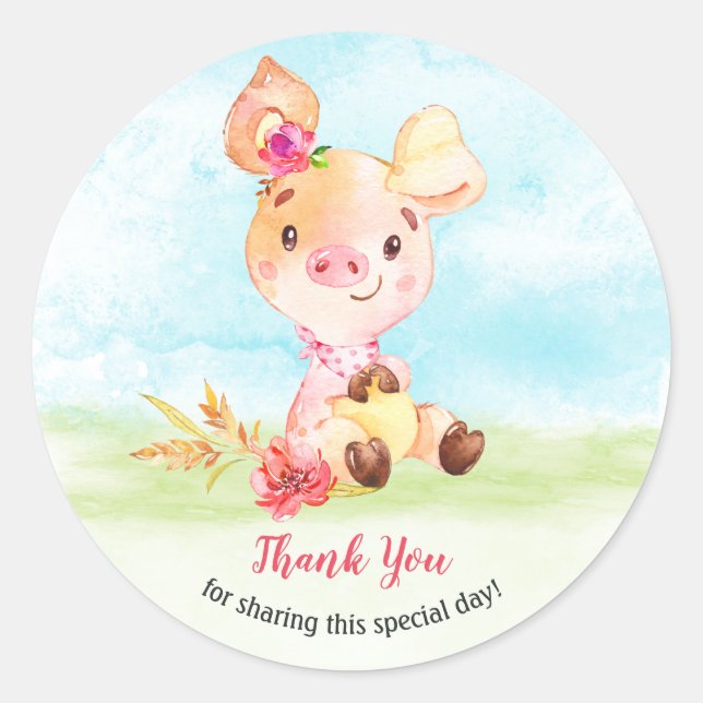 Sticker Rond Merci de ferme de Baby shower d'aquarelle fille pi (Devant)