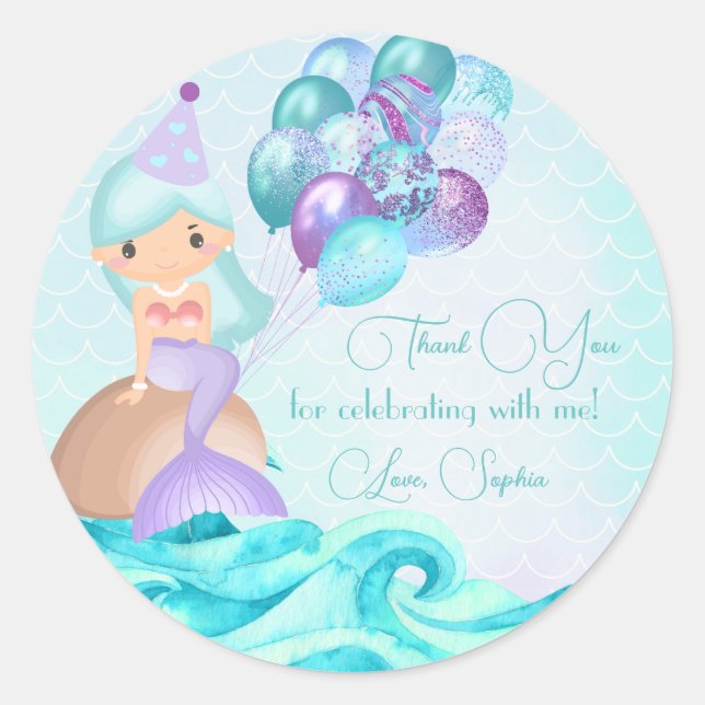 Sticker Rond Merci de fête d'anniversaire de la Sirène Turquois (Devant)