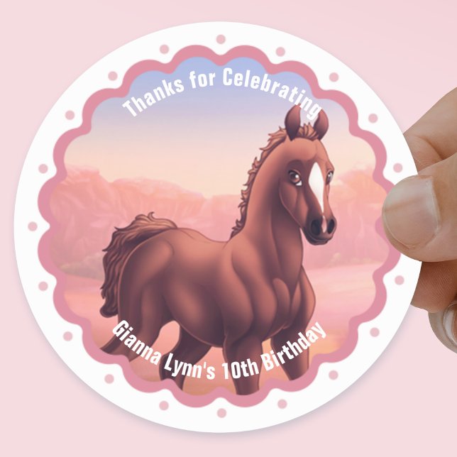 Sticker Rond Merci de fête d'anniversaire du poulain Brown (Créateur téléchargé)